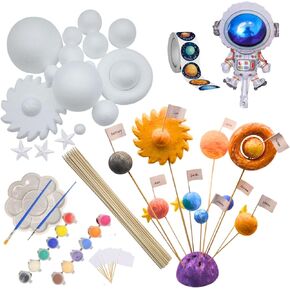 Solar System Model for Crafts, 54 Pack Solar System Project Kit Includes Polystyrene Foam Balls, Flags, Painting Brushes, Sticks, Color Pigments, Paint Tray, Stickers, Balloon for DIY Learn Planets