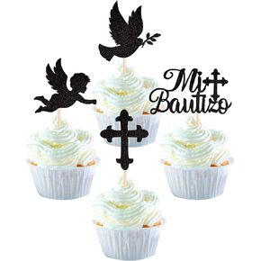 1 Pack Spanish Mi Bautizo Cake Topper Glitter Cross First Holy Communion Baptism Cake Pick Religious God Bless Baptism Cake Decoration for Baby Shower Birthday Party Supplies Gold