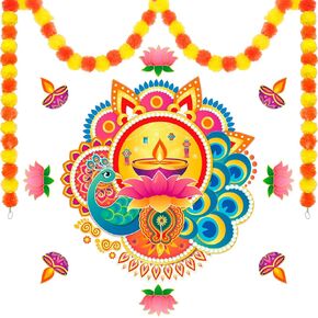 HOWAF 26inch Diwali Rangoli Floor Stickers with 2pcs 4.9ft Marigold Garland Diwali Decorations for House, Diwali Diyas Indian Deepavali Stickers Festival of Lights for Entrance,Wall, Door, Porch