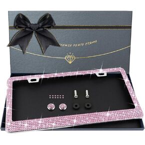 XCLPF Bling Pink License Plate Frames for Women,Handcrafted Clear Glass Diamond Rhinestone Crystals,1 PCS Sparkly Stainless Steel License Plate Framefor Girls,Glitter Diamond