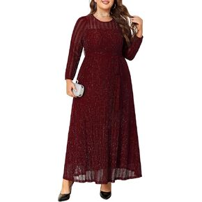 ZNU Plus Size Glitter Mesh Dress Women Wedding Guest Formal Cocktail Gown A-Line Maxi Dress Long Sleeve