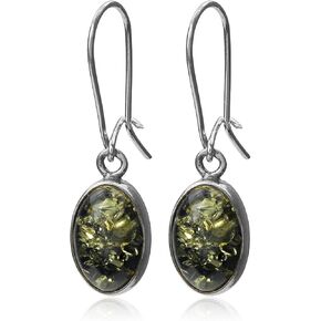 Green Amber Sterling Silver Oval Earwire Earrings