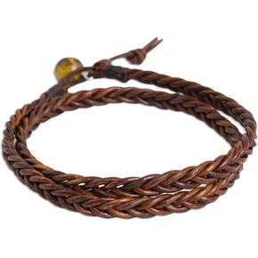 NOVICA Artisan Handmade Men's Tigers Eye Leather Wrap Bracelet Braided Brown Thailand 'Double Cinnamon'