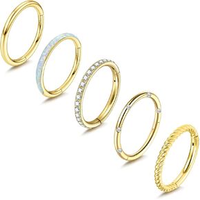 5Pcs 16G Surgical Steel Nose Rings Hoop for Women Opal CZ Clicker Hinged Septum Nose Ring Lip Helix Cartilage Hoop Earring Tragus Daith Rook Conch Nose Piercing Jewelry for Women 8mm/10mm