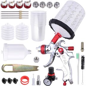 HVLP Spray Gun with 10Pcs 600ML Disposable Paint Cups, Automotive Gravity Feed Spray Gun Kit with 4 Nozzles,1.4/1.7/2.0/2.5mm, Sprayer Gun with Air Compressor for Auto Paint, Furniture(Red)