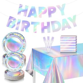 Iridescent Party Decorations, 99 Pcs Laser Birthday Party Decorations Include 1 Pc In My Birthday Era Banner, 2 Pcs Tablecloth, 48 Pcs Birthday Party Plates, 24 Pcs Napkins and 24 forks Set