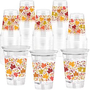 100 Pcs 12 oz Fall Maple Leaf Cups Autumn Clear Plastic Cups Tanksgiving Disposable Plastic Cups Fall Party Cups for Autumn Thanksgiving Party Supplies
