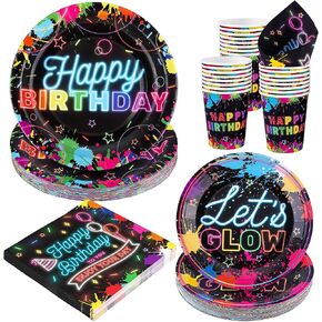 durony 100 Pieces Neon Glow Party Supplies Glow In Dark Tableware Set Includes Paper Plates, Cups, Napkins, Neon Birthday Party Decorations Glow In Dark Party Supplies, Serve 25 Guests