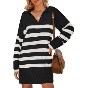 ZESICA Women's Striped Sweater Dress 2024 Fall Long Sleeve V Neck Collar Loose Knit Mini Dresses