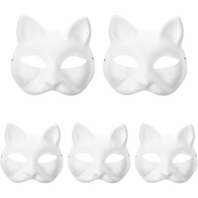 ARTIBETTER Paper Mache DIY Cat Masks White Paper Face Blank Hand Painted Design for Dance Party Festival Performance- 5 Pcs White Mask Costume