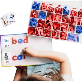 Movable Alphabet Montessori Wooden Letters- Moveable Alphabet with Box Letter Mats - Lower Case Letters - Writing, Reading, Spelling, and Language Learning Materials (Red and Blue)