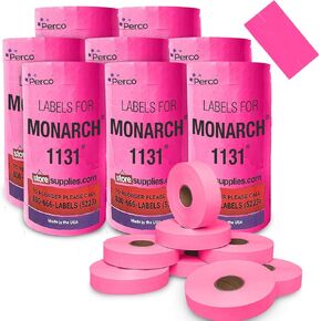 Perco Fluorescent Pink Pricing Labels for Monarch 1131 Price Gun – 8 Sleeves, 64 Rolls Value Pack - 160,000 Price Marking Labels – with Ink Rolls Included