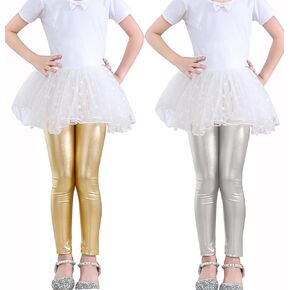 Kiench Girls' Metallic Leggings Ankle Length High Waisted Shiny Pants 2-Pack