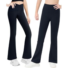 Girls V Cross Flared Pants and Bell Bottom Leggings Size 12-13 Years Old Solid Black Soft Slim High Waisted Trousers
