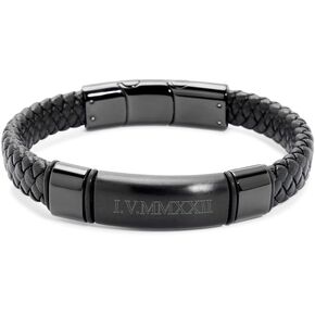 EVE'S ADDICTION Men's Custom Engraved Roman Numeral Matte Black Leather Bracelet - Personalized Men's Bracelet - Graduation Gift for Him