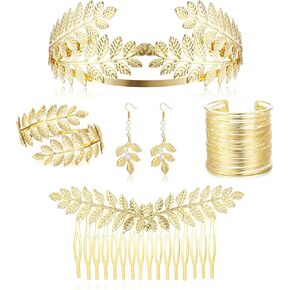 FIBO STEEL Goddess Costume Accessories Set - Greek Leaf Upper Arm Bracelet Headband Coil Artificial Pearl Earrings Golden Leaves Bridal Hair Comb for Women Wedding Party Jewelry