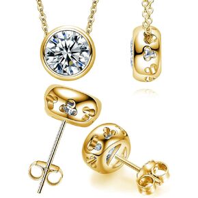 3 cttw Moissanite Bezel Pendant Necklace and Earrings for Women 18K Gold Plated Sterling Silver Necklace and Earring Studs Jewelry Sets Engagement Anniversary Promise Christmas Birthday