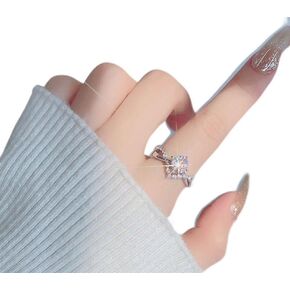 LRGKMCWTOB 925 Sterling Silver Couple CZ Stone Ring Cut Halo Solitaire Engagement Silver Ring Couple Statement Stackable Bands Ring Moissanite Wedding Band Promise Adjustable Open Ring Style 2