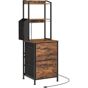 HOOBRO 2-Drawer File Cabinet, Filing Cabinet with Charging Station, 3-Tier Tall Office Cabinet with Open Shelf, Filing Cabinet for Home Office, A4/Letter-Sized Files, Rustic Brown and Black BF24UWJ01