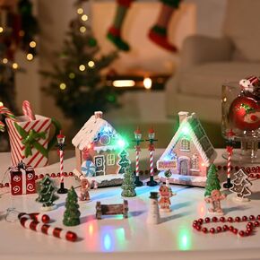 Valery Madelyn Christmas Village Set House Decorations, Battery Operated Christmas Gingerbread with Lights, Accessories Town Building Collection for Holiday Xmas Indoor Home DIY Tabletop (17 PCS)
