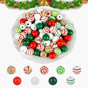 240 Pieces Christmas Wooden Beads Candy Cane Wood Beads Xmas Peppermint Swirl Beads Red Green White16mm Round Craft Bead for Christmas in July Jewelry Garland Making Party Home Holiday Decoration
