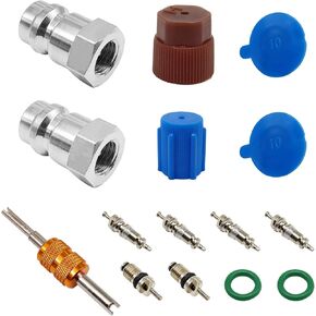 R12 to R134a Conversion Kit, AC Rubber seals and Valve Core Removal Tool, R12 R22 to R134A High/Low Fitting Port Retrofit 1/4"to 7/16"-20 UNF Conversion Adapter, Fits for Air Conditioner Refrigerant