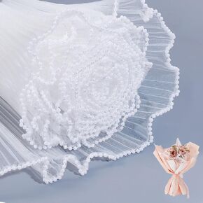NBEADS 2 Pack Flower Wrapping Mesh Paper White, Pearl Edge Bouquet Packaging Paper 4.37 Yards×5-7/8 Inch Wrinkled Wavy Packaging Mesh for Valentine's Day Wedding Birthday Decoration