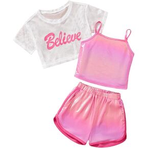 WDIRARA Toddler Girl 3 Piece Letter Print Mesh Shirts and Cami Tops Clothing Set with Elastic Waist Shorts