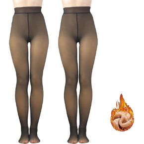 HA WA 2 Pairs Fleece Lined Tights for Women, Opaque Warm Pantyhose Thermal Thick Winter Tights