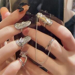 Xerling 4Pcs Punk Silver Crystal Fingertip Ring Set for Women Gothic Finger Nail Tip Rings for Teen Girls Nail Cap Protective Cover Rings for Halloween Costume