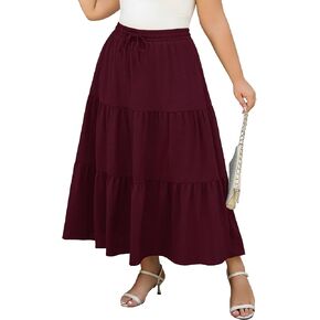 Women's Plus Size Long Maxi Skirt 1x-4x Elastic Waist Tie Drawstring Crinkle Flowy A-line Skirts with Pockets