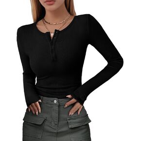 YOGINGO Long Sleeve Shirts for Women, Casual Henley Shirts for Women, Basic Blouses Ribbed Knit Shirts Tunic T-Shirts Party