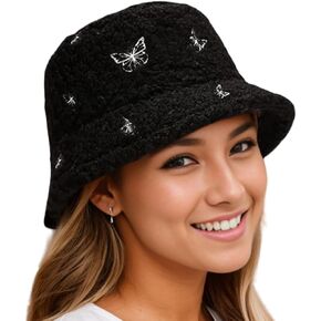 Winter Faux Fur Fuzzy Bucket Hat Fluffy Warm Hat Plush Shearling Butterfly Fisherman for Women Men