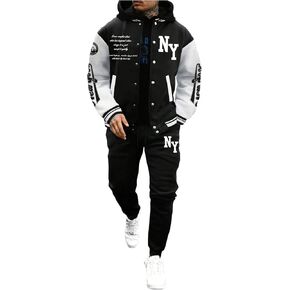SOLY HUX Men's Tracksuit 2 Piece Outfits Color Block Letter Graphic Long Sleeve Varsity Jacket and Pants Set