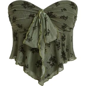SHENHE Women's Floral Strapless Tie Front Lettuce Trim Asymmetrical Flare Boho Tube Top