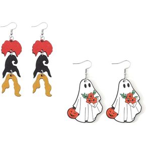 Halloween Earrings for Women Pumpkin Ghost Halloween Jewelry Witch Bat Spooky Drop Dangle Earrings for Halloween Eve Party Accessories Maple Leaf Double-sided Holiday Wood Earrings Set Costumes Jewelry Gift