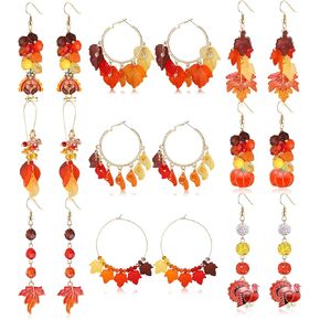 9 Pairs Thanksgiving Earrings Fall Turkey Pumpkin Leaf Charms Dangle Earrings Handmade Layered Maple Leaves Hoop Dangling Earrings Set for Women Girls Variety Pack Fun Thanksgiving Holiday Themed Color Star Heart Beads Earrings Jewelry Accessories