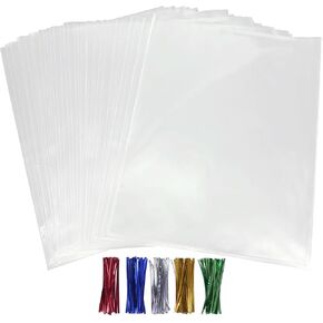 50Pcs Cellophane Bags, Cello Cellophane Treat Bags 4x6 Plastic Gift Bags for Packaging Cookies, Pretzel Rod, Sandwich, Candy, Chocolate, Clear Party Favor Bags with Ties