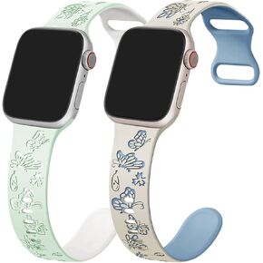 Floral Band Compatible with Engraved Apple Watch Bands for Women 38mm 40mm 41mm 42mm 44mm 45mm 49mm, Cute Butterfly Flower Silicone Charm Fancy Strap for iWatch Series SE 9 8 7 6 5 4 3 2 1