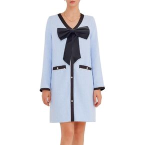 Women's Tweed Bow Mini Dress Long Sleeve V Neck Button Down Dress Elegant Business Work Dress Blue