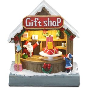 innodept12 Animated Christmas Village Street Gift Shop with LED Light & Music, Resin Figurines Cute Santa Claus for Festive Decorations, Battery Operated