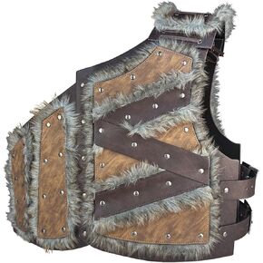 HiiFeuer Viking Artificial Fur Faux Leather Chest Armor, Medieval Vintage Barbarian Body Armor Knight Adjustable Vest Armour