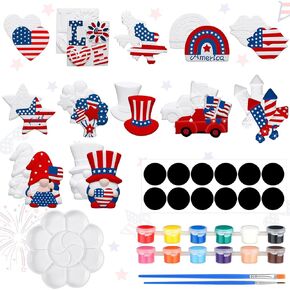 Sinmoe 12 Sets 4th of July Arts and Crafts Set Patriotic Painting Kit Unpainted DIY American Flag Ceramic Figurines Paint Your Own Figurines with 12 Magnet 2 Brushes and 1 Palette Ceramic for Toddler