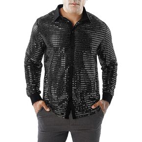 PURFUN Mens Sparkly Sequin Shirt 70s Disco Costumes Button Front Shirt Party Sheer Mesh See Through Long Sleeve Shirt Tops