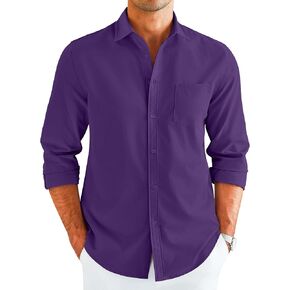 COOFANDY Men's Casual Button Down Long Sleeve Dress Shirt Untucked Business Wrinkle Free Muscle Fit Stretch Shirts Purple XXL