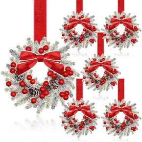 Dingion 6 Pcs 6" Christmas Wreath Mini Cabinet Wreaths for Kitchen with Ribbon Bows Red Berry Small Window Wreaths for Window Door Farmhouse Wreath Christmas Party Decorations(Classic Style)
