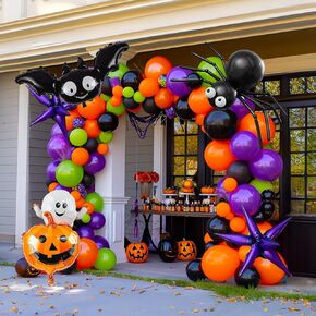 Halloween Balloon Garland Arch Kit 100+pcs Orange and Black Purple green balloons with Spooky Bat Pumpkin foil Balloons spider web for fall Halloween Party spooky-themed birthday Decorations
