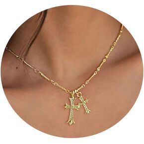 Cross Necklace 14K Gold Plated Double Cross Pendant Birthstone Necklace Dainty Diamond Cross Charm Link Chain Choker Delicate Faith Jewelry Religious Gifts for Women Mothers