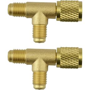 2Pcs Quick Coupler Access Tee, 1/4'' SAE Valves Core Tee Adapter Brass Refrigerant with Swivel Connector, Air Conditioning Line Repair Tools fit for R22 R12 R134 Gauge Deep Vacuum Pump Manifold