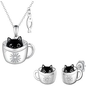 Black Cat Cup Necklace and Earrings 925 Sterling Silver Black Cat Jewelry Gifts for Women